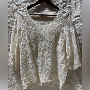 Aziza Lace Mesh floral Top Cream Edwardian Fairy Cottage size S/M Y2K Vintage